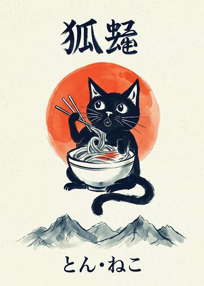 Black Cat Eating Ramen Japanese Ukiyo E Art Print Red Sun Mountain Landscape Poster