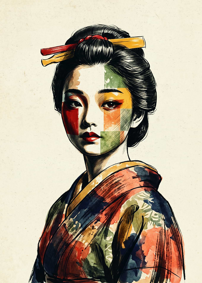 Geisha Kimono Watercolor Abstract Art Japanese Woman Portrait Wall Decor Poster