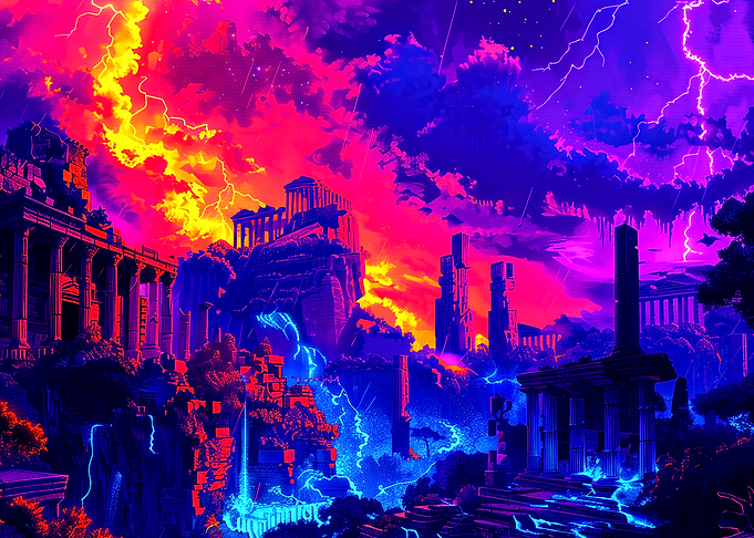 Neon Greek Ruins Under Stormy Sky