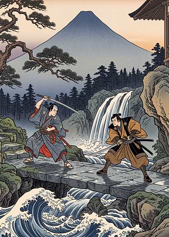 Ukiyo-e Swordsmen at the Waterfall