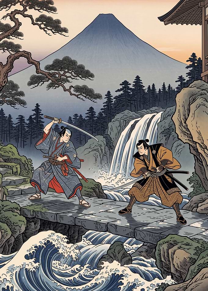 Ukiyo-e Swordsmen at the Waterfall