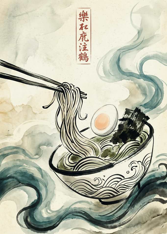 Japanese Ramen Bowl Food Art Print Asian Noodle Watercolor Ink Painting