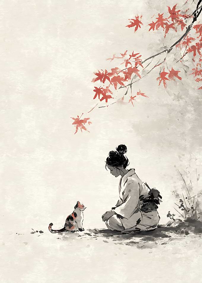 Woman and Calico Cat Ink Wash