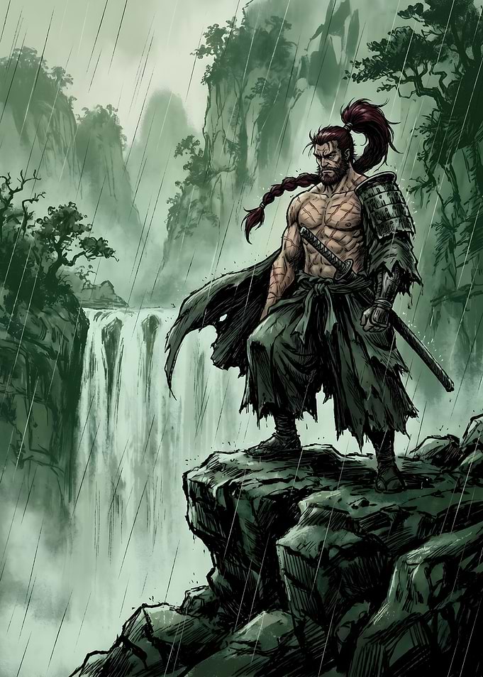 Scarred Samurai Standing by Waterfall