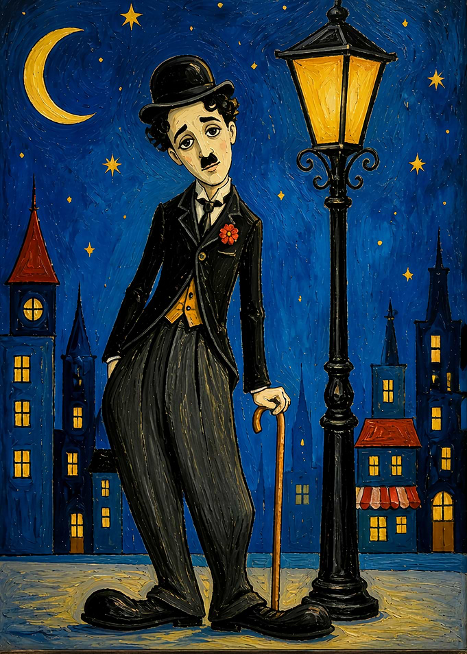 Charlie Chaplin Under Night Sky