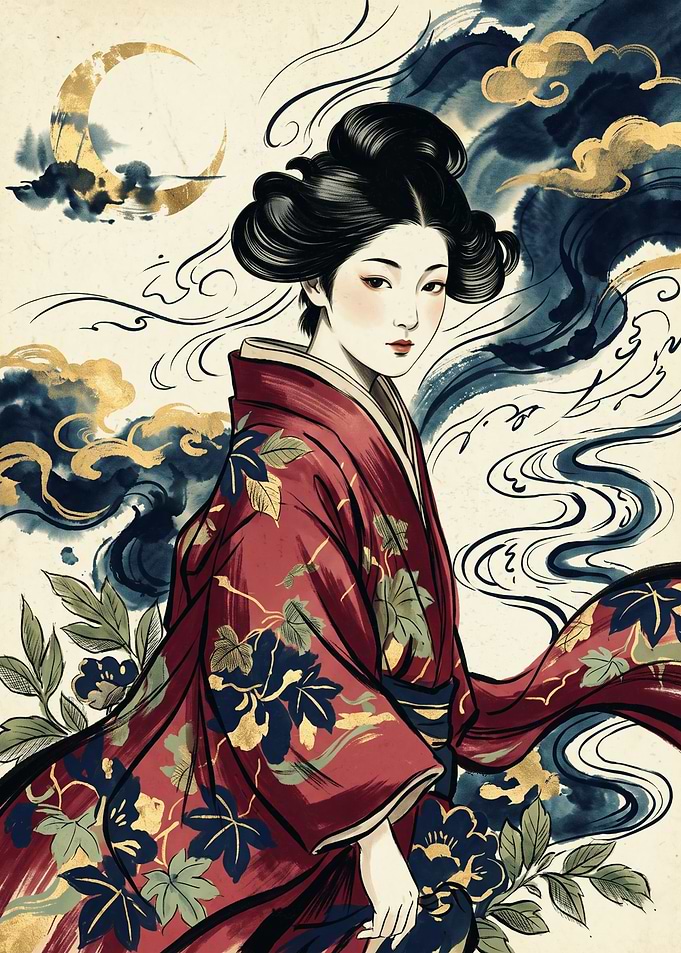 Japanese Geisha In Red Kimono Asian Art Ukiyo E Style