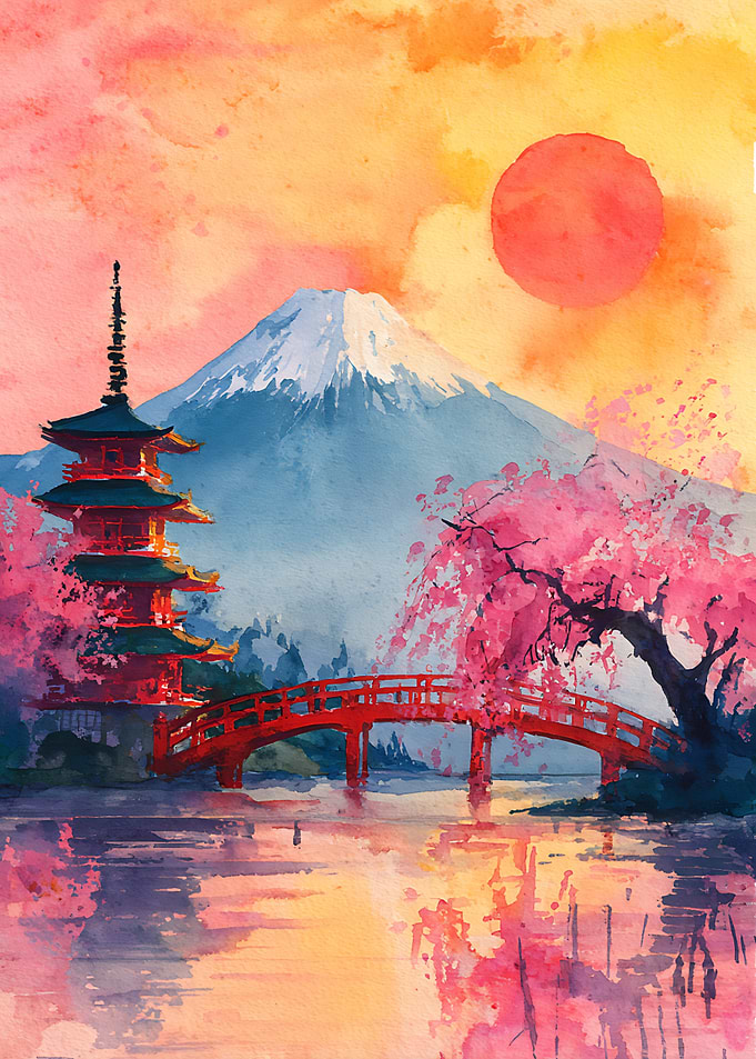 Watercolor Mount Fuji and Pagoda Landscape