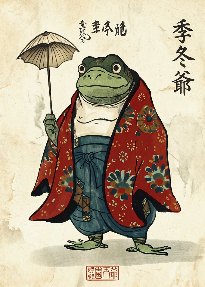 Samurai Frog Ukiyo E Art Japanese Kimono Umbrella Print Vintage Animal Poster