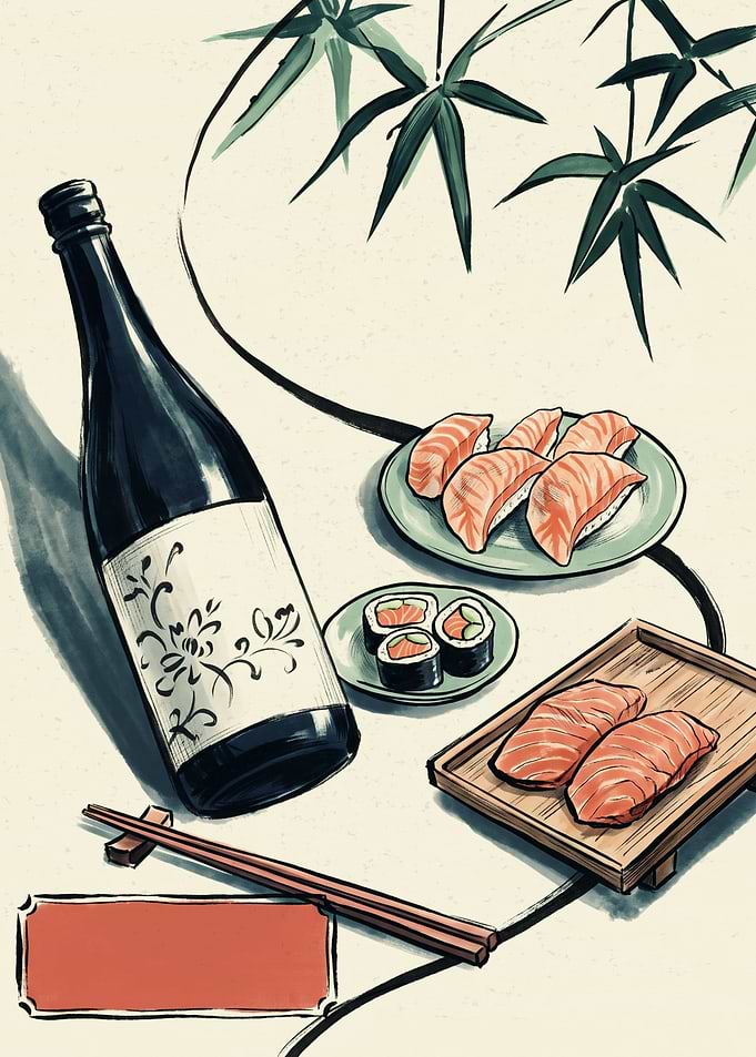 Japanese Sushi Sake Bamboo Japanese Watercolor Art Traditional Food Print Wall Poster