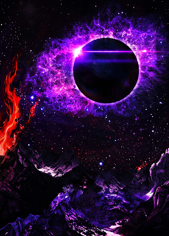 Purple Eclipse Over Volcanic Landscape