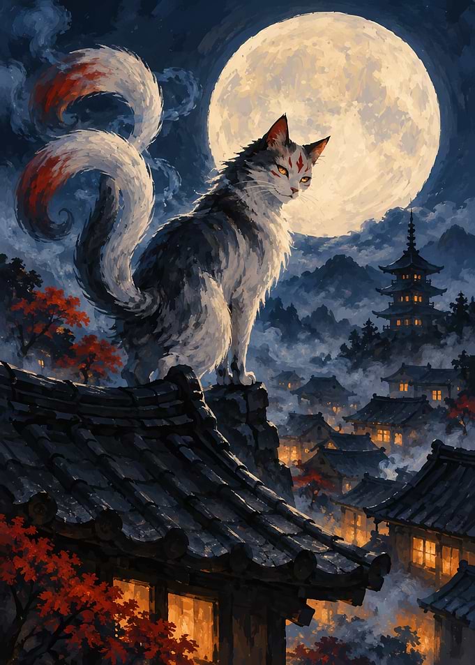 Two-Tailed Cat Over Japanese Village