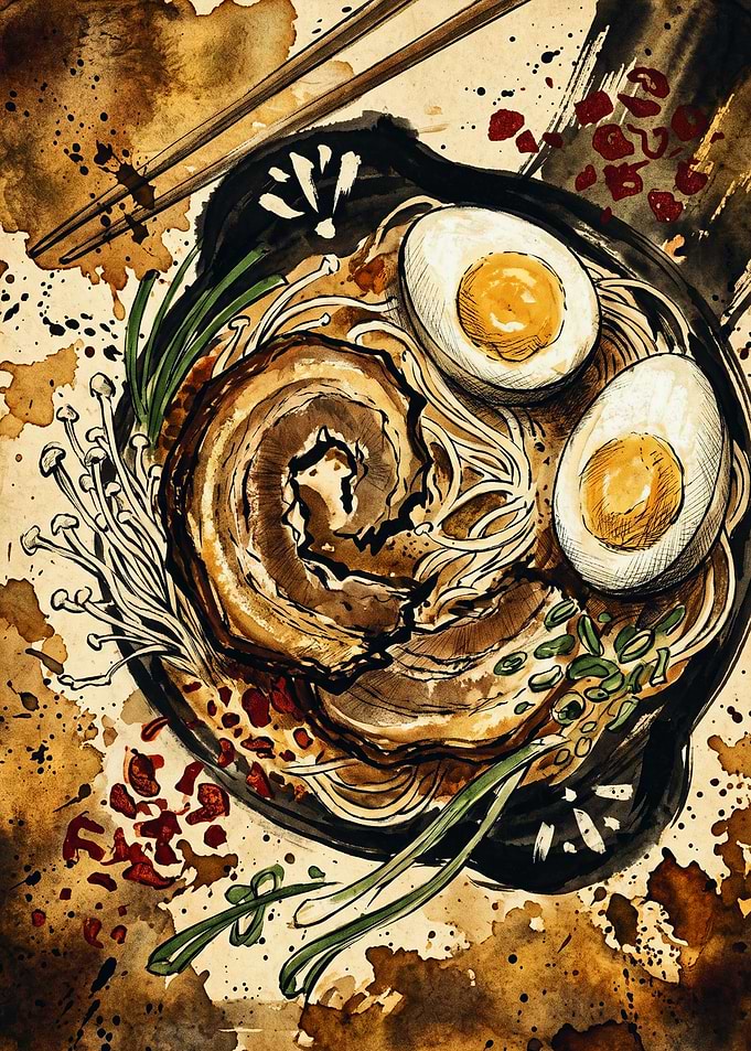 Delicious Japanese Ramen Noodle Bowl Food Art Watercolor Ink Sketch
