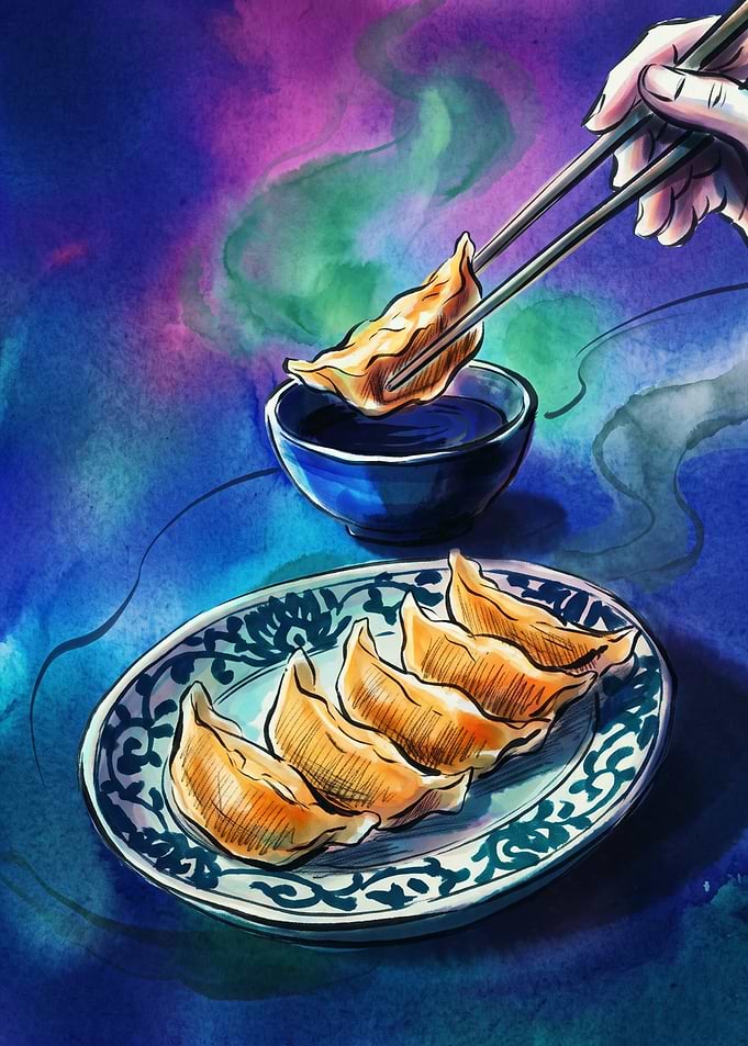 Dumplings Food Watercolor Art Asian Cuisine Chopsticks Dipping Sauce Plate Poster