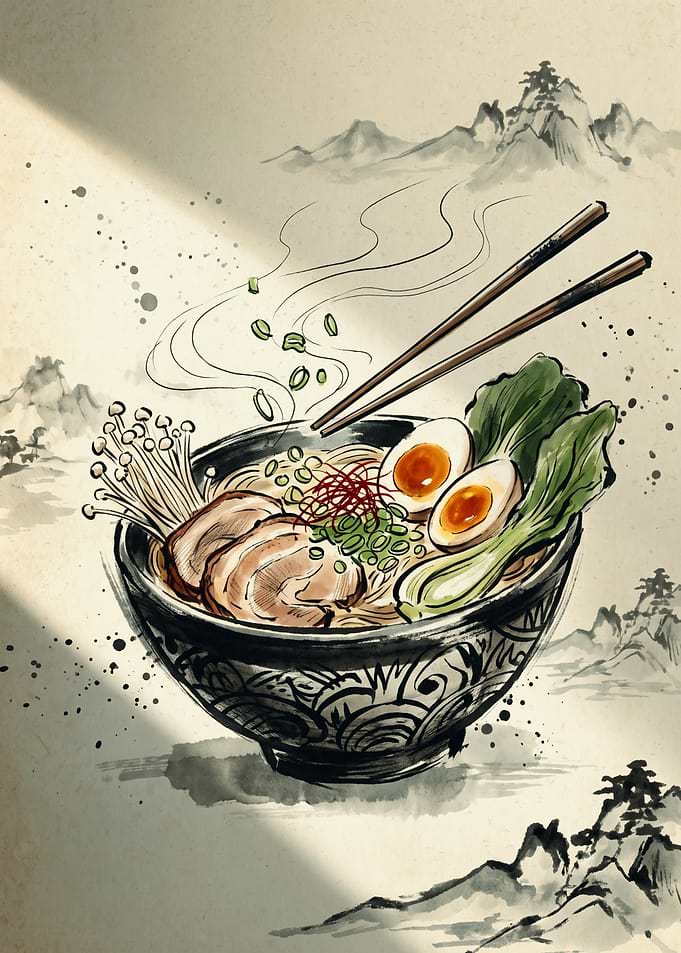 Ramen Bowl Japanese Art Print Ink Painting Asian Food Kitchen Wall Decor Poster Artwork