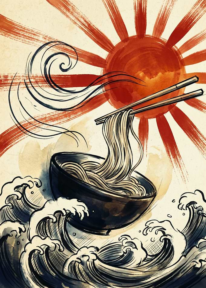 Ramen Noodles Japanese Art Print Ukiyo E Wave Rising Sun Chopsticks Poster