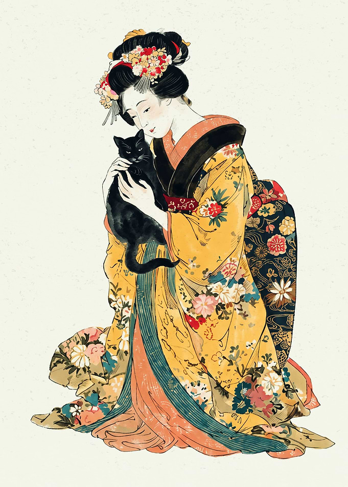 Geisha Holding Black Cat Japanese Art Ukiyo-e Print