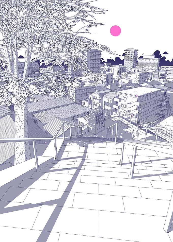 Anime Style Staircase City View