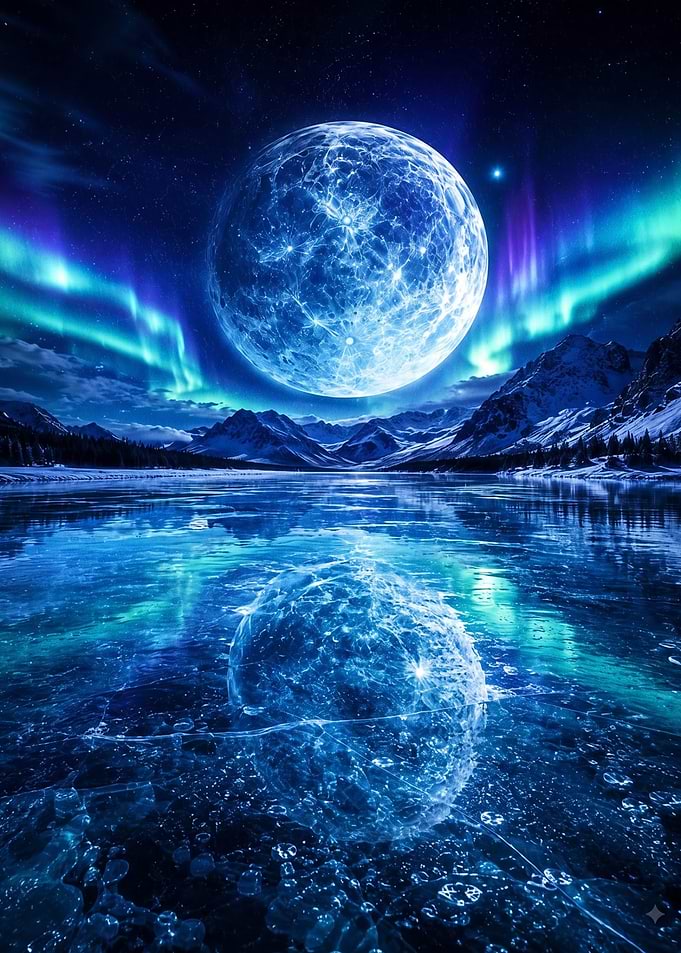 Glowing Moon Over Frozen Lake