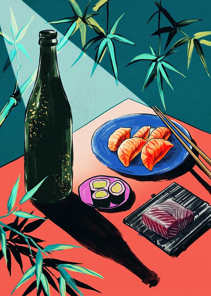 Japanese Food Sushi Bottle Modern Retro Art Print Minimalist Restaurant Kitchen Decor