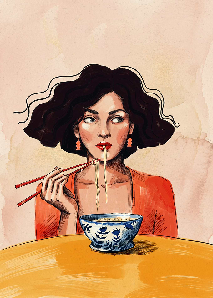 Woman Eating Noodles Food Art Print Watercolor Illustration