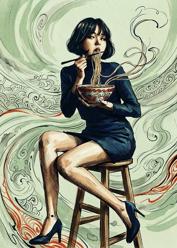 Woman Eating Ramen Noodle Illustration Japanese Food Art Style