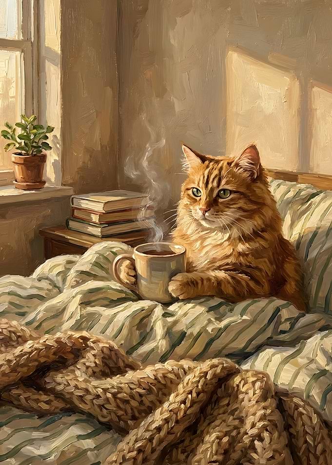 Cozy Ginger Cat With Morning Coffee