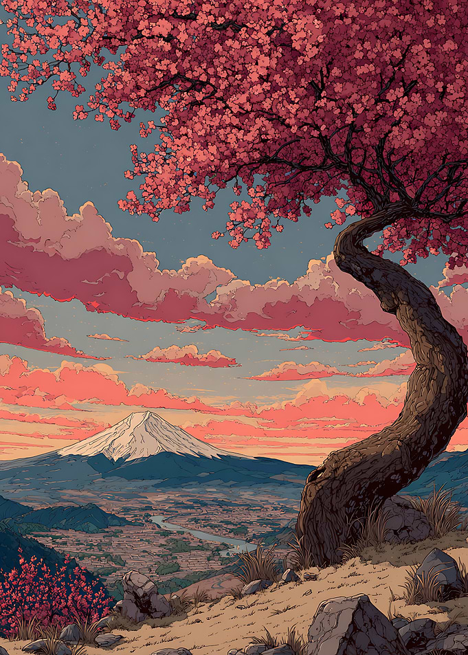 Mount Fuji and Cherry Blossom Tree