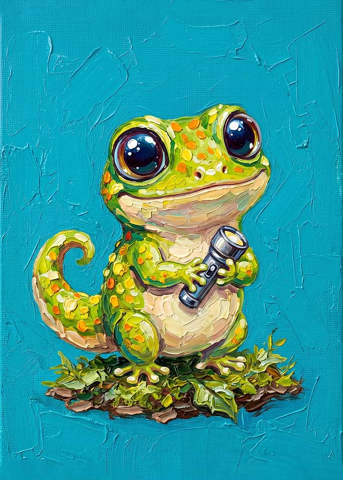 Cute Gecko Holding a Flashlight