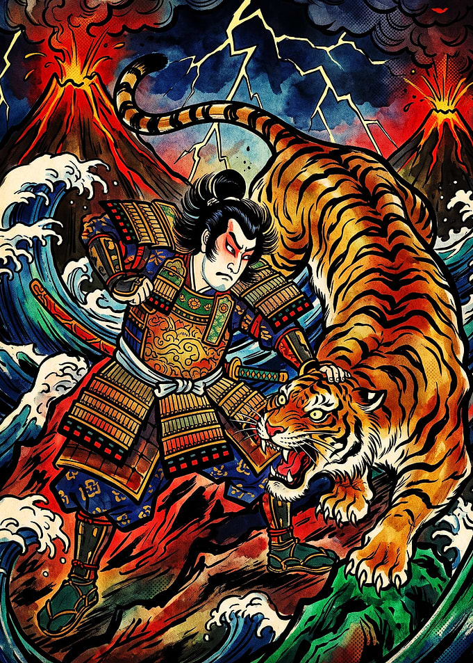 Samurai Fighting Tiger Ukiyo-e Style