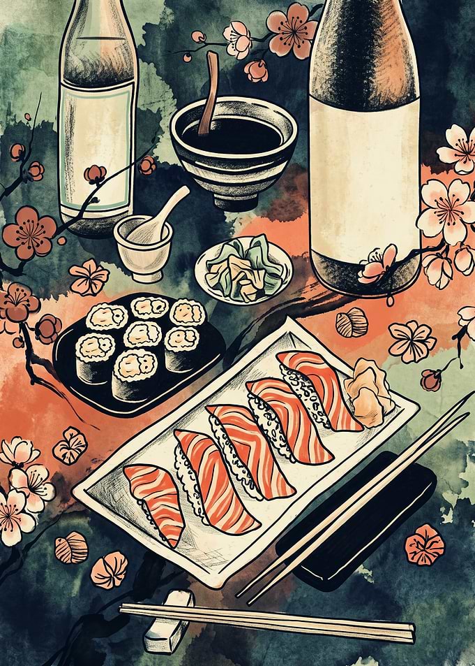 Japanese Food Sushi And Sake Set Vintage Illustration