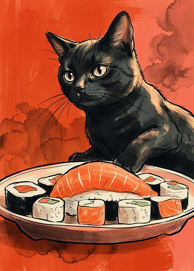 Black Cat Eating Sushi Plate Japanese Food Watercolor Illustration