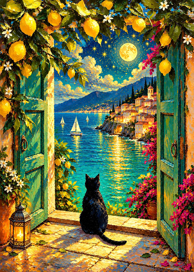 Black Cat Watching Mediterranean Night