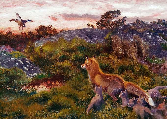A Fox Family with Stretching Mallard Painting by Bruno Liljefors
