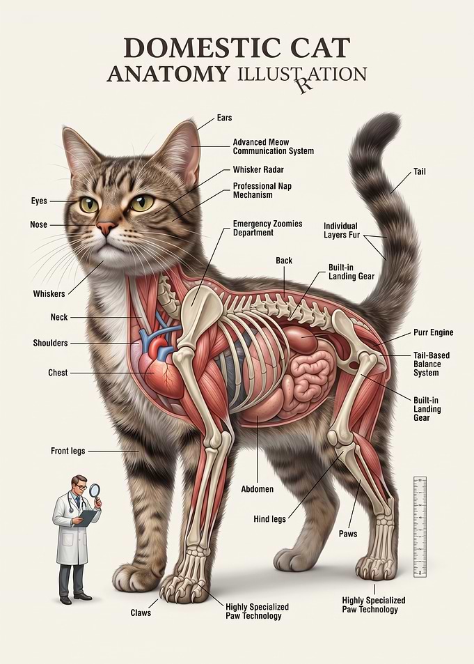 Humorous Domestic Cat Anatomy Illustration
