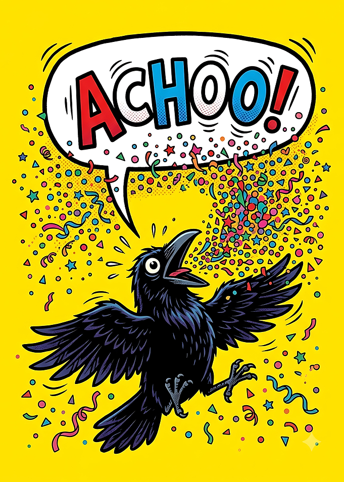 Funny Crow Sneezing Confetti Illustration