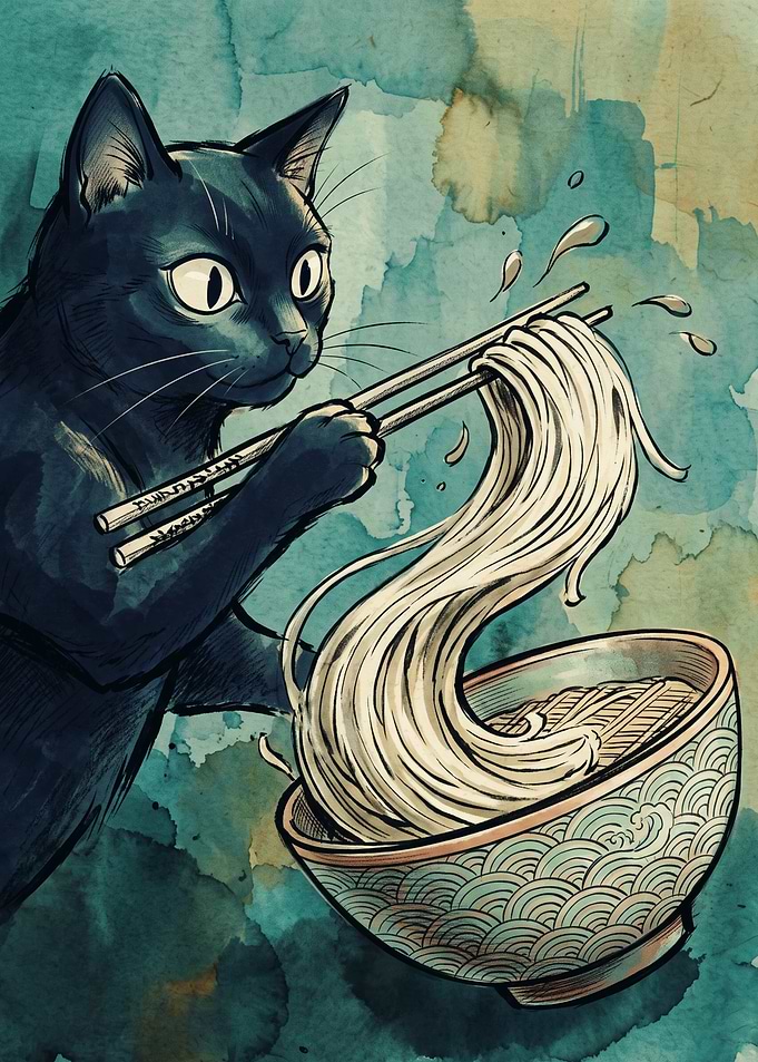 Black Cat Eating Ramen Noodles Japanese Watercolor Art Cute Animal Poster Kitchen Decor