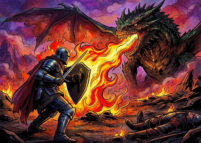Knight Battling a Fire-Breathing Dragon