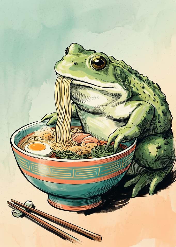 Frog Ramen Bowl Japanese Watercolor Art Cute Animal Noodle Soup Foodie Lover Poster