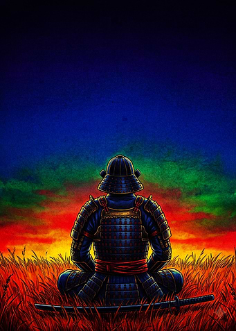 Samurai Meditating in Sunset Field