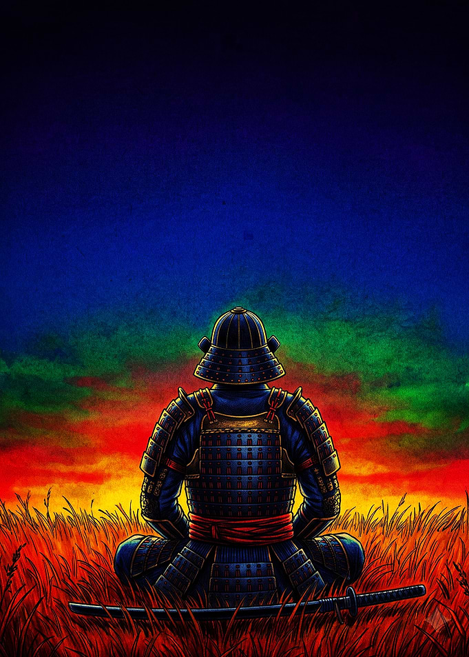 Samurai Meditating in Sunset Field