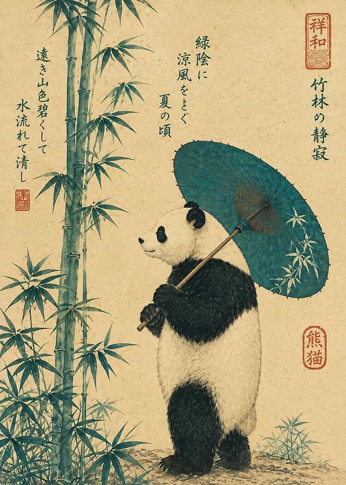Panda with Blue Umbrella in Bamboo