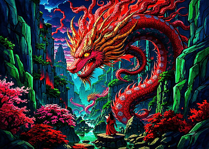 Red Dragon in Mystical Mountain Valley