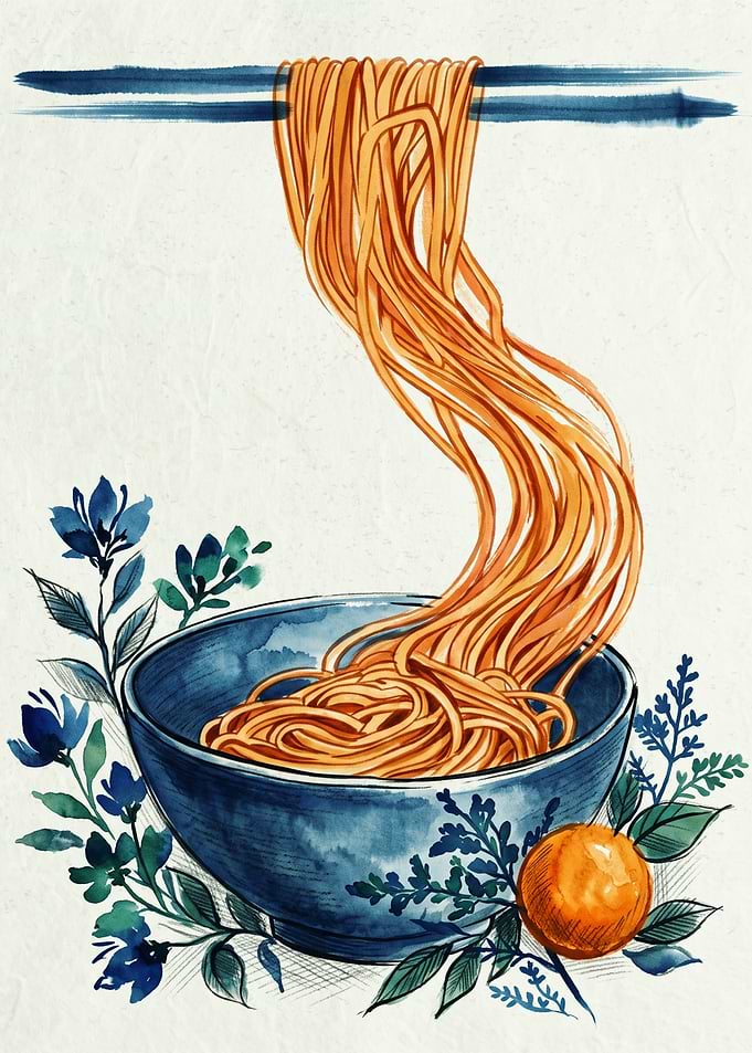 Noodle Bowl Japanese Watercolor Art Chopsticks Ramen Food Print Kitchen Wall Decor