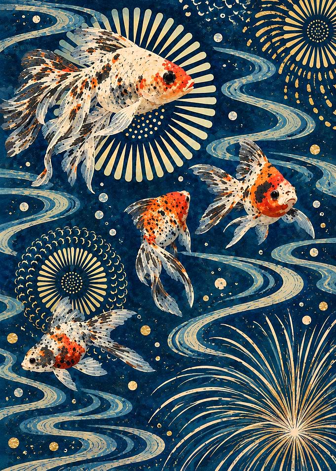 Goldfish and Fireworks Japanese Art
