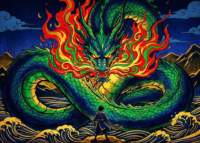 Warrior Facing a Majestic Green Dragon
