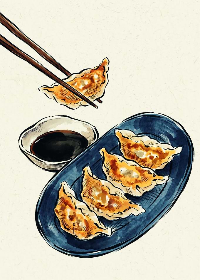 Gyoza Dumplings Asian Food Watercolor Art Print Chopsticks Soy Sauce Restaurant Decor