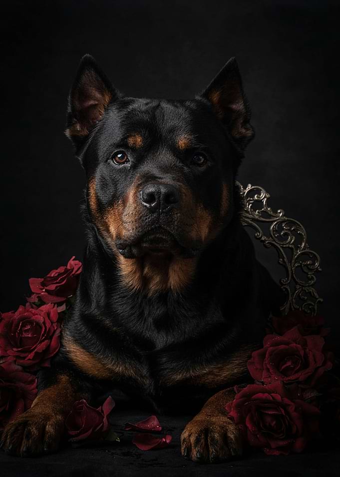 Rottweiler Portrait with Red Roses