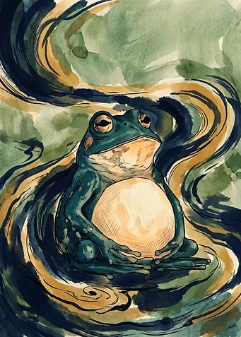 Zen Frog Meditating Watercolor Painting Earth Sphere Green Nature Animal Art Print
