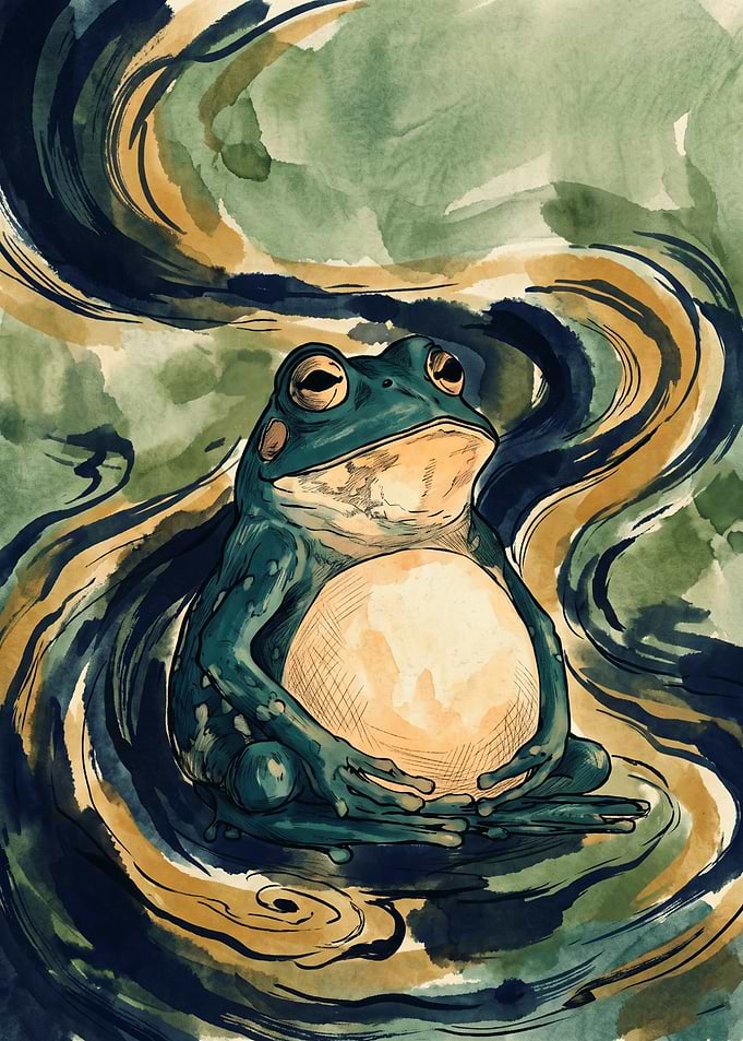 Zen Frog Meditating Watercolor Painting Earth Sphere Green Nature Animal Art Print