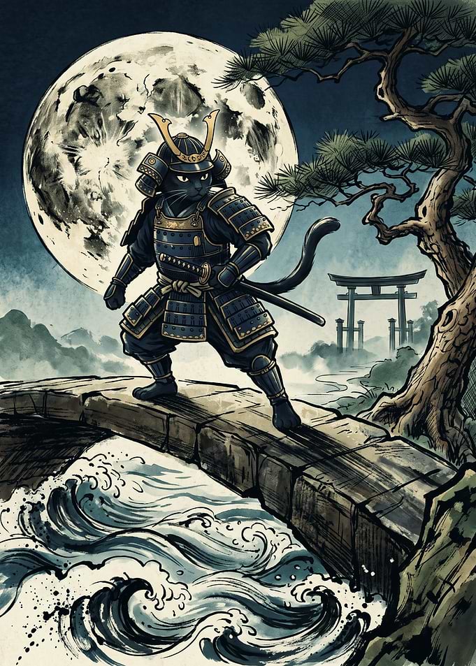 Samurai Cat Warrior Under Moonlight Japanese Ukiyo-e Style Art